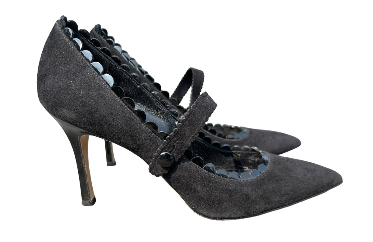 MANOLO BLAHNIK メリージェーン　ブラック Manolo Blahnik Black Suede Scalloped Mary Janes, 39.5 – Second