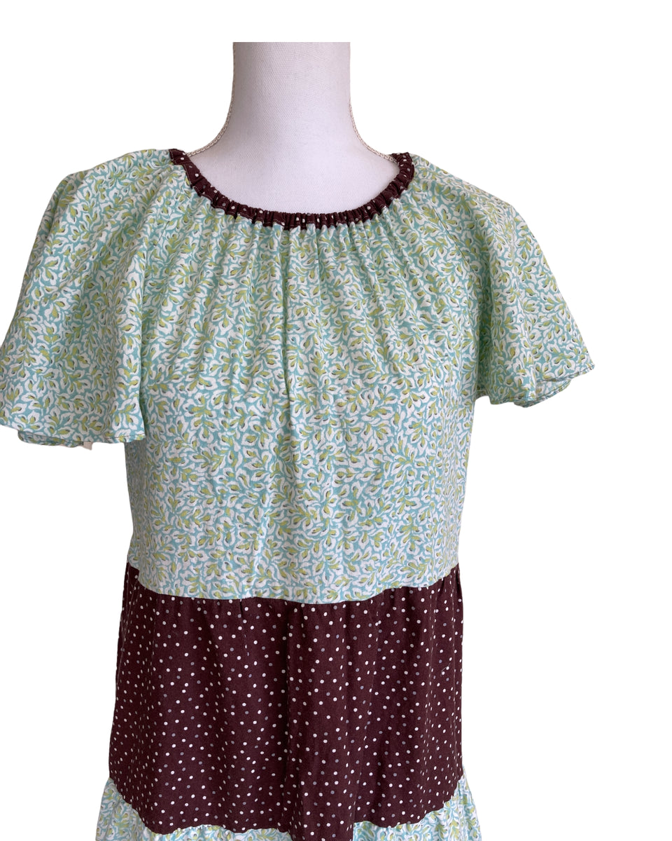 green calico dress Vintage Mod Calico Print Dress, Smocked Top Sash Tie Long Sleeve Dress–  Papillon Vintage Shop