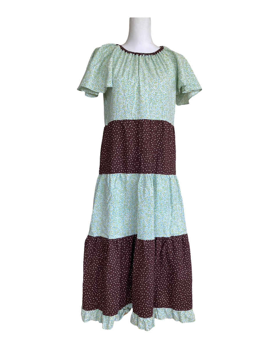 Handmade Vintage Green and Brown Calico Prairie Dress, M  Second Serve  Resale