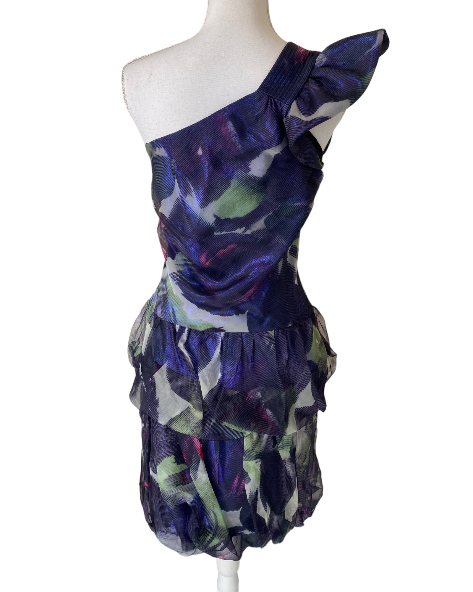 Saks Fifth Avenue One Shoulder Purple Print Cocktail Dress, M