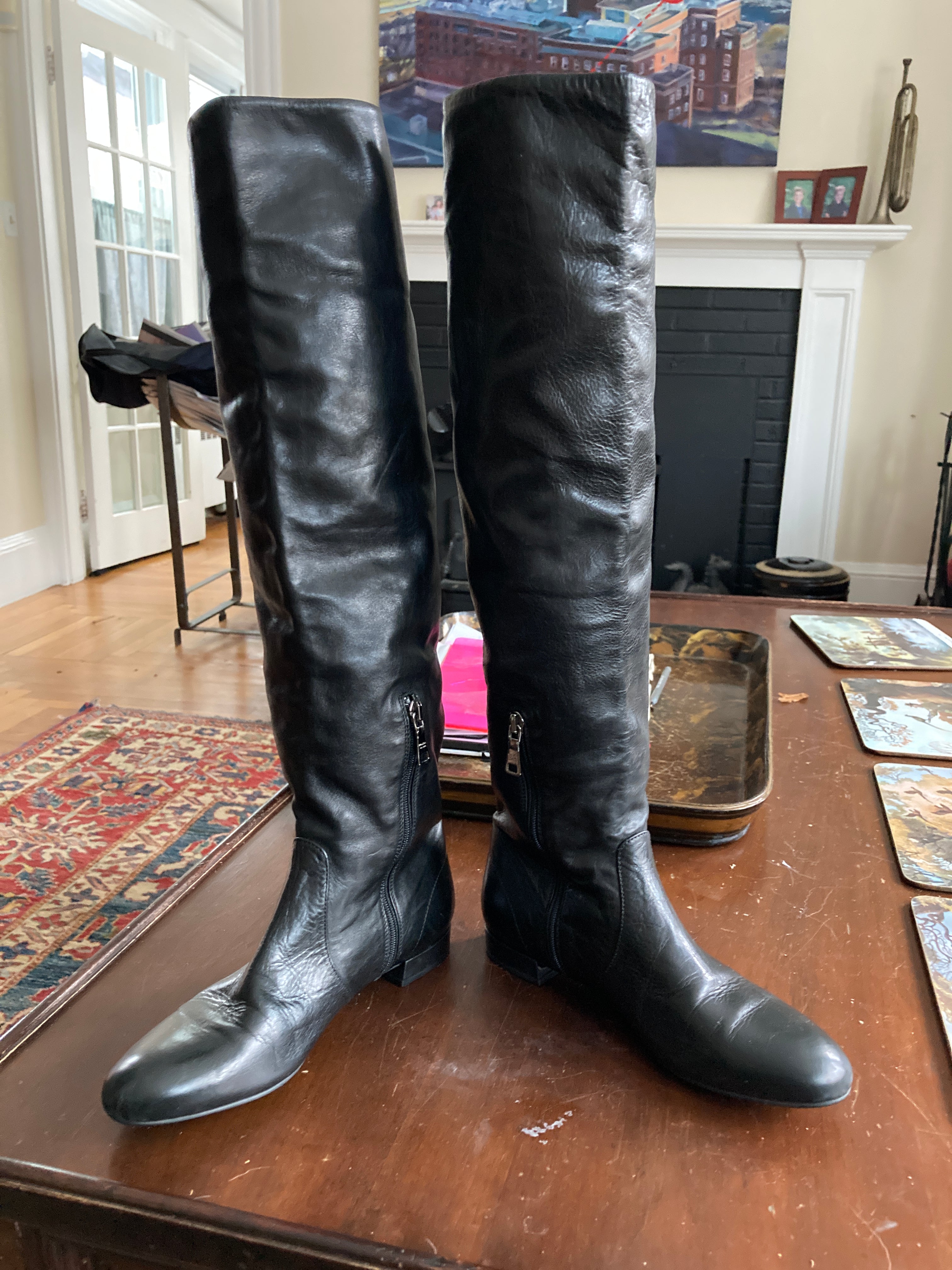Prada Black Leather Tall Riding Boots, 36.5