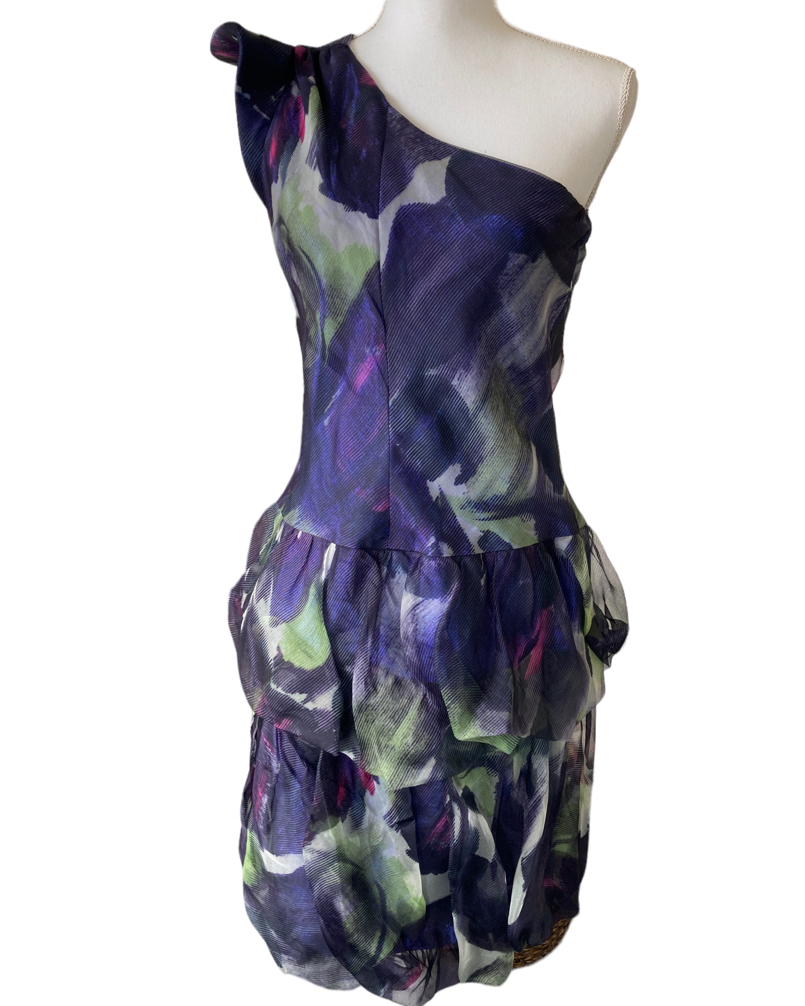 Saks Fifth Avenue One Shoulder Purple Print Cocktail Dress, M Second Serve Resale Saks Fifth Avenue One Shoulder Purple Print Cocktail Dress, M Second Serve Resale