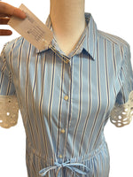 Load image into Gallery viewer, Vilagallo Blue and White Striped Laura Shirt Dress with Eyelet Trim, XS
