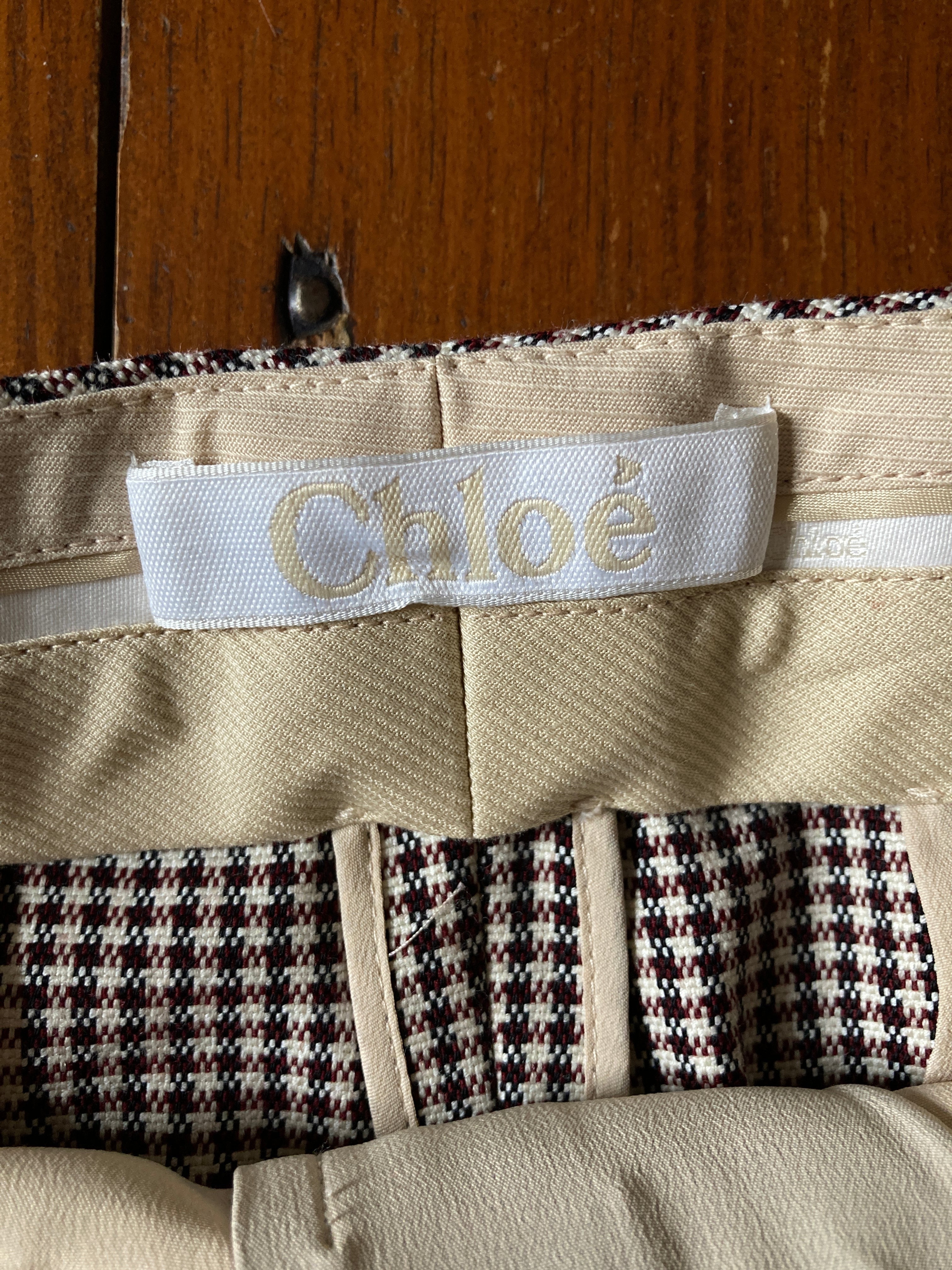 Chloé Burgandy and White Houndstooth Trousers, 40