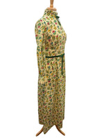 Load image into Gallery viewer, Vintage Handmade Green 70s Cotton Floral Lace and Velvet Trimmed Maxi Dress, M
