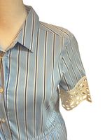 Load image into Gallery viewer, Vilagallo Blue and White Striped Laura Shirt Dress with Eyelet Trim, XS
