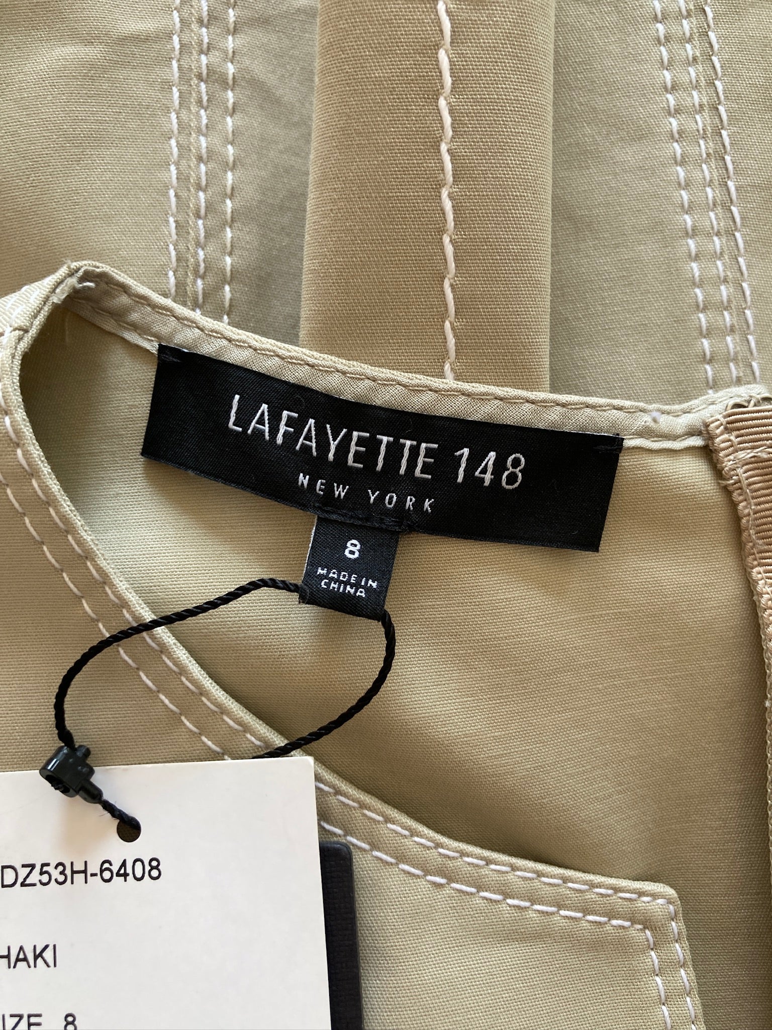Lafayette 148 Rochelle Split Neck Sleeveless Khaki Cotton Blend Shift Dress, 8