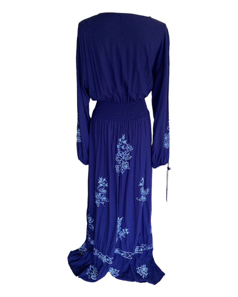 Tikinistika Navy Blue Lotus Embroidered Maxi Dress, M