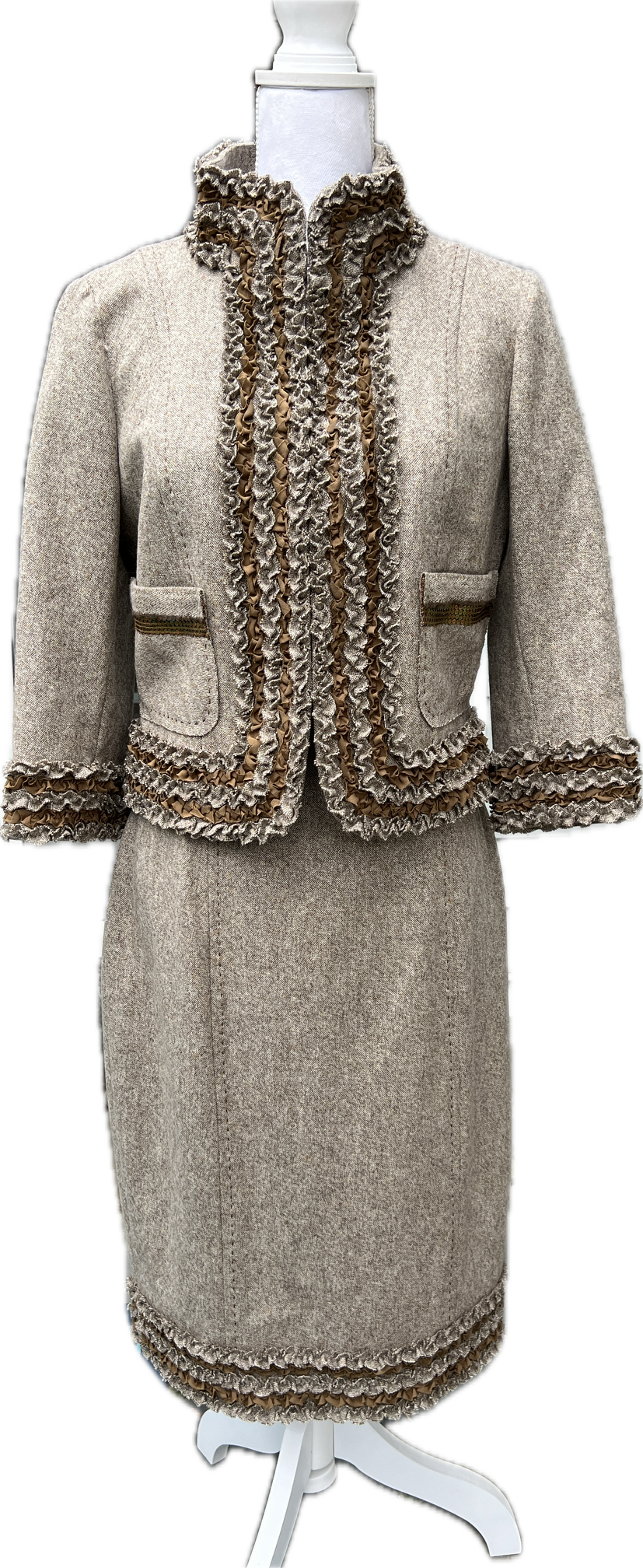 St. John SoCal Brown Wool Suit with Ruffle and Sequin Detail, S