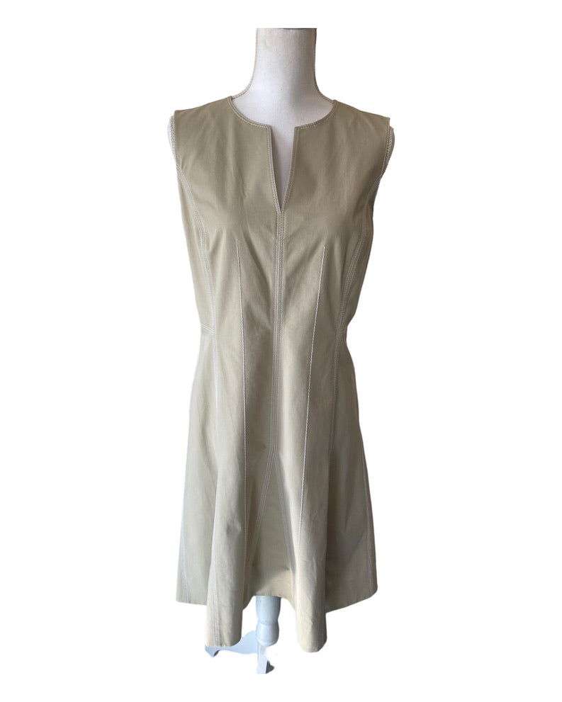 Lafayette 148 Rochelle Split Neck Sleeveless Khaki Cotton Blend Shift Dress, 8 Lafayette 148 Rochelle Split Neck Sleeveless Khaki Cotton Blend Shift Dress, 8