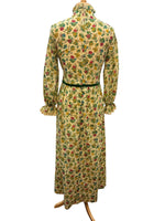 Load image into Gallery viewer, Vintage Handmade Green 70s Cotton Floral Lace and Velvet Trimmed Maxi Dress, M
