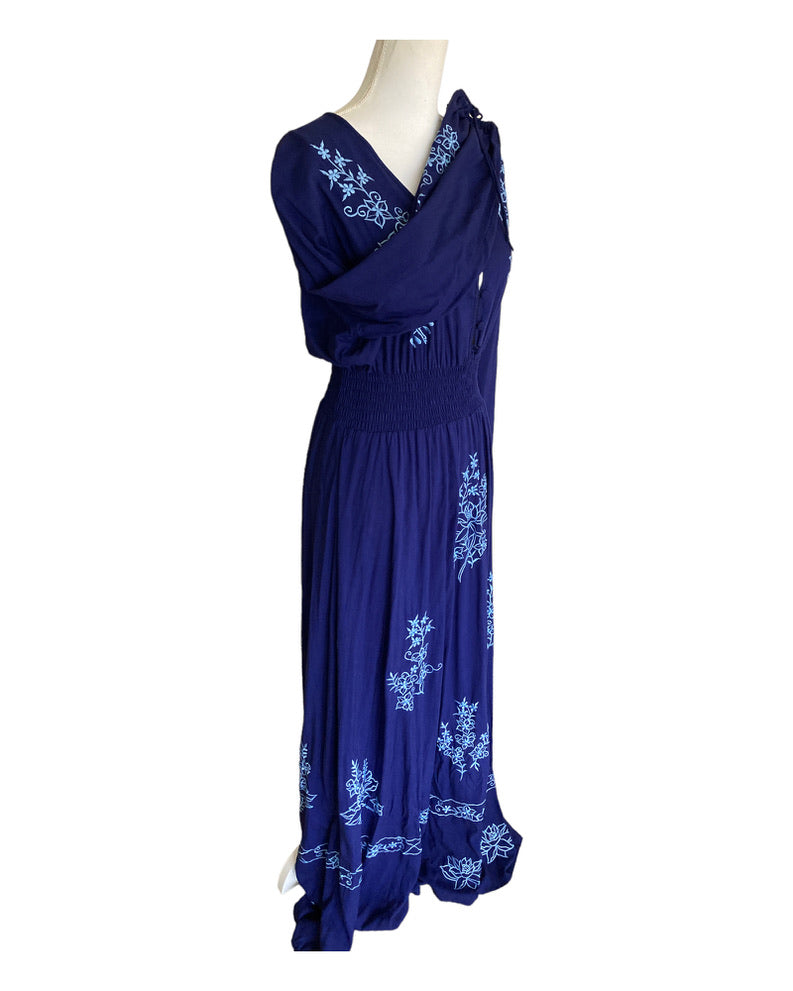 Tikinistika Navy Blue Lotus Embroidered Maxi Dress, M