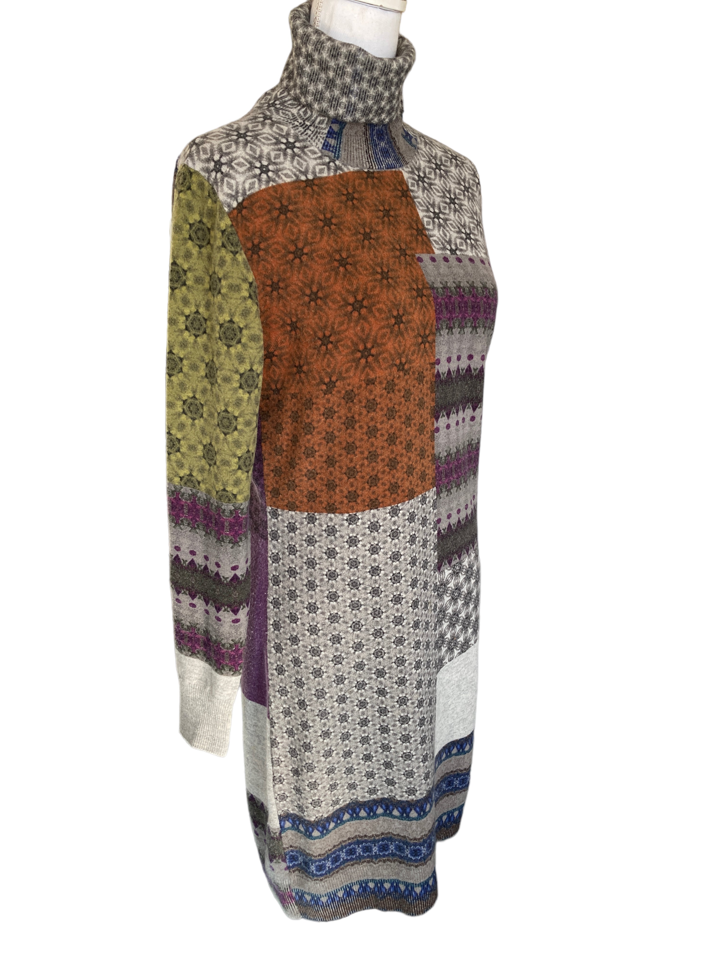 Etro Wool Patchwork Print Turtleneck Sweater Dress, M