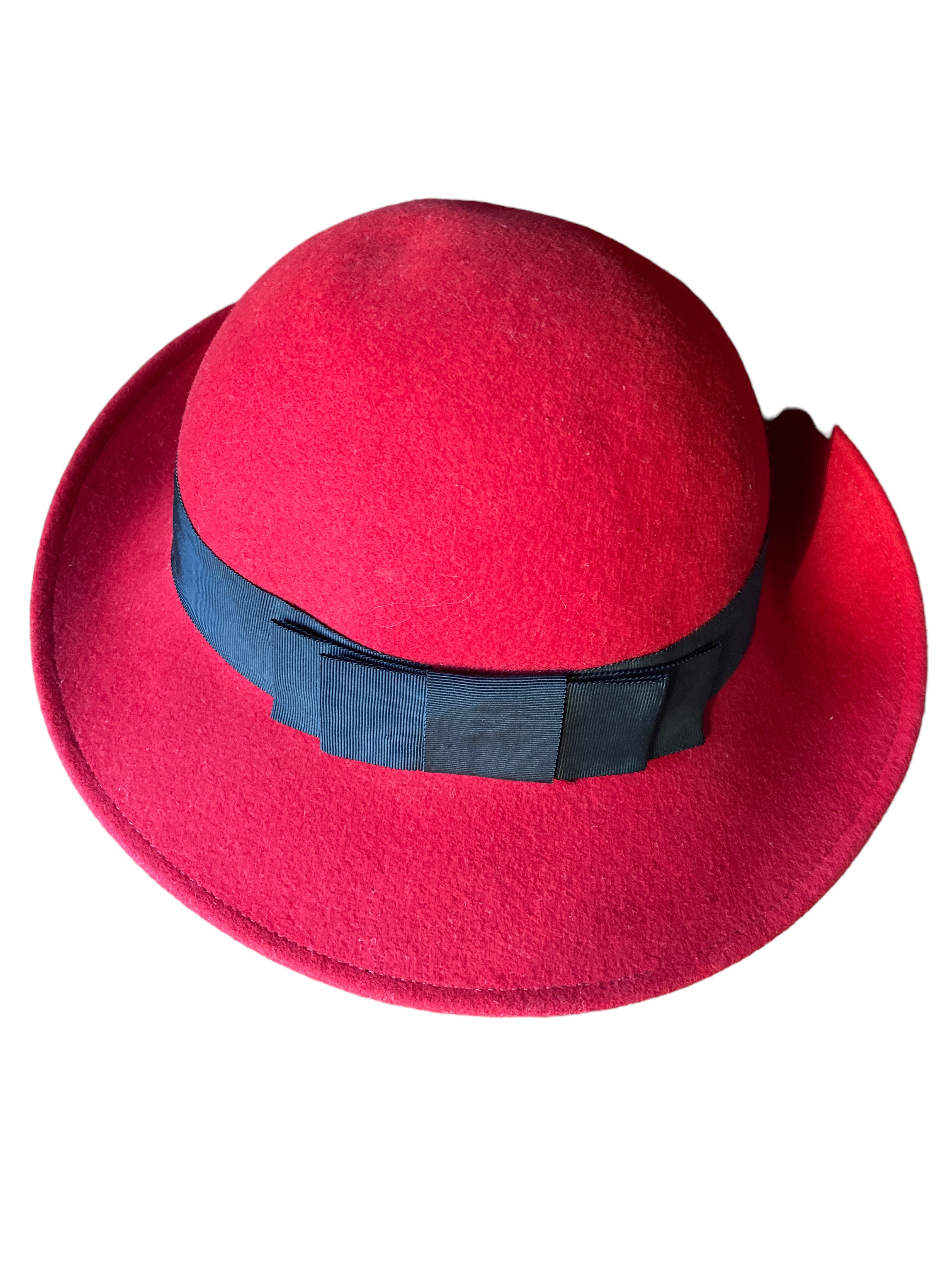Vintage Red Wool Felt Hat with Black Grosgrain Ribbon, S