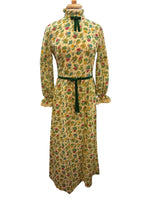 Load image into Gallery viewer, Vintage Handmade Green 70s Cotton Floral Lace and Velvet Trimmed Maxi Dress, M
