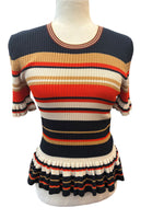 Load image into Gallery viewer, Sandro Short Sleeve Striped Ruffle Ribbed Knit Sweater, S
