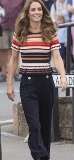 Load image into Gallery viewer, Sandro Short Sleeve Striped Ruffle Ribbed Knit Sweater, S
