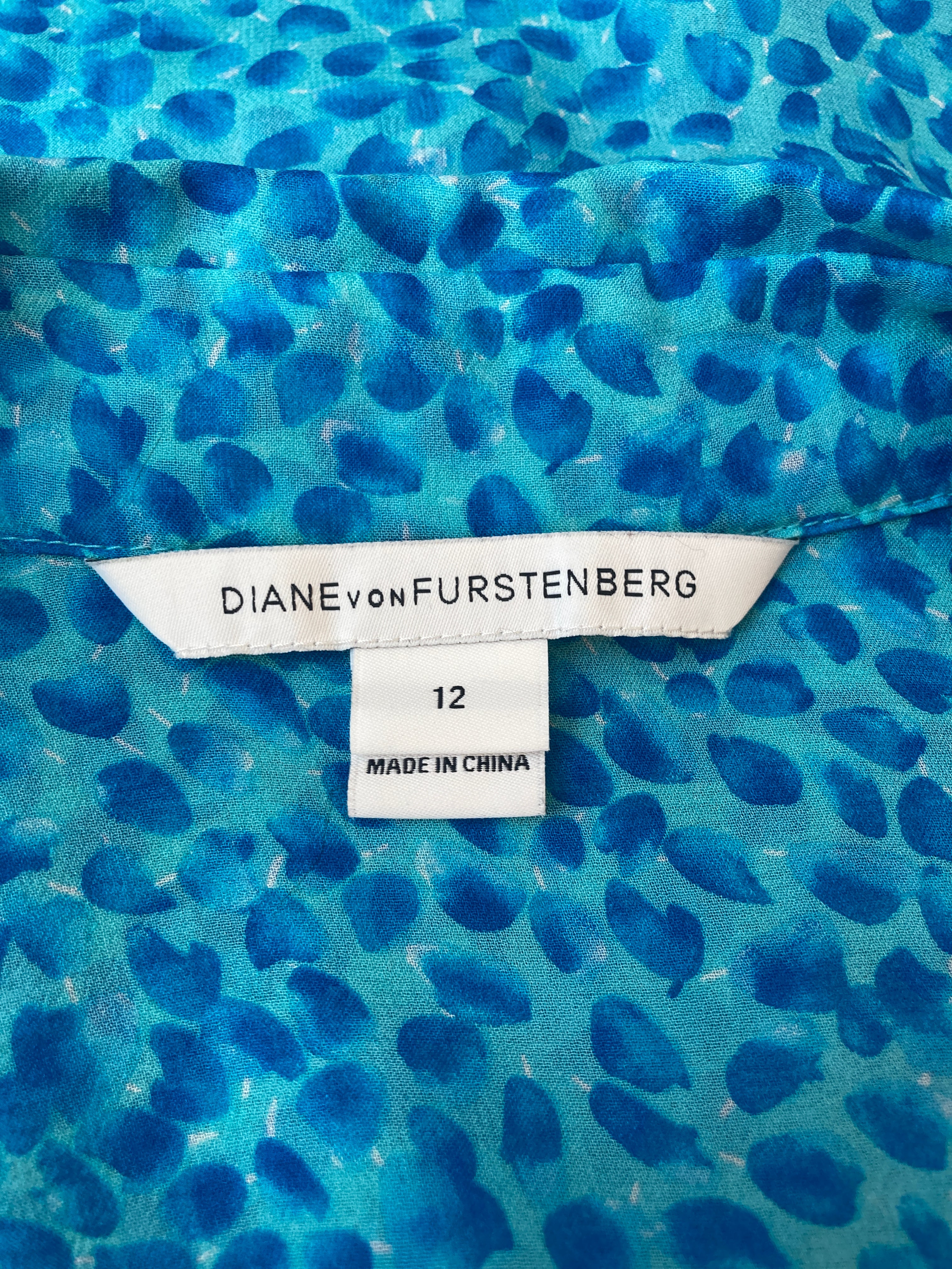 Diane Von Fürstenberg Blue Pattern Silk Shirt, 12