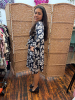Load image into Gallery viewer, Handmade Navy and White Floral Wrap Dress with Bell Sleeves, S/M
