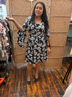 Load image into Gallery viewer, Handmade Navy and White Floral Wrap Dress with Bell Sleeves, S/M
