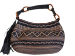 Load image into Gallery viewer, Eric Javits Squishee Mixed Braid Black and Gold Bag with Bamboo, Tassel, and Mirror
