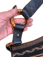 Load image into Gallery viewer, Eric Javits Squishee Mixed Braid Black and Gold Bag with Bamboo, Tassel, and Mirror
