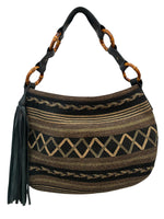 Load image into Gallery viewer, Eric Javits Squishee Mixed Braid Black and Gold Bag with Bamboo, Tassel, and Mirror
