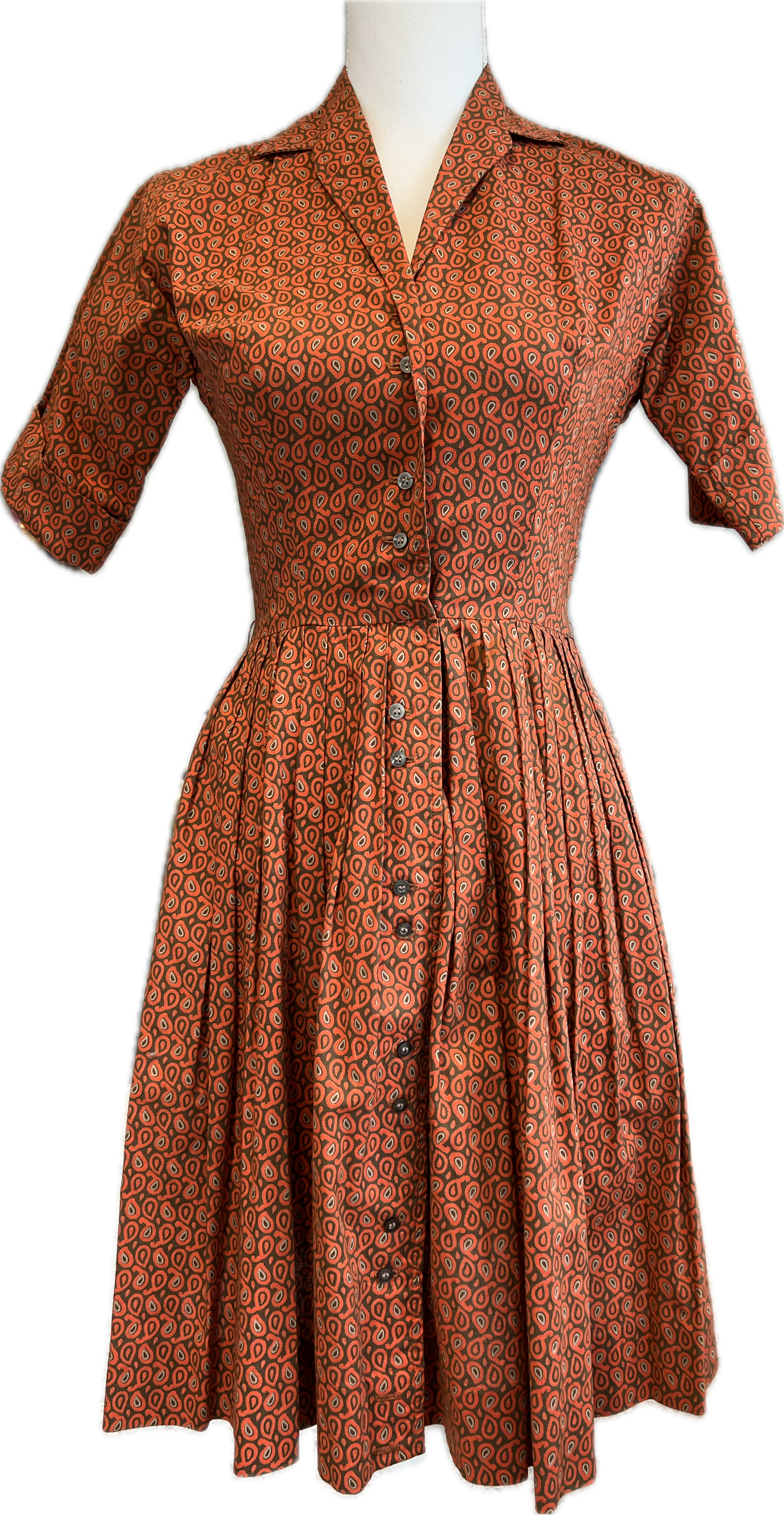 Vintage 1940s Orange and Brown Short Sleeve Dress, XS