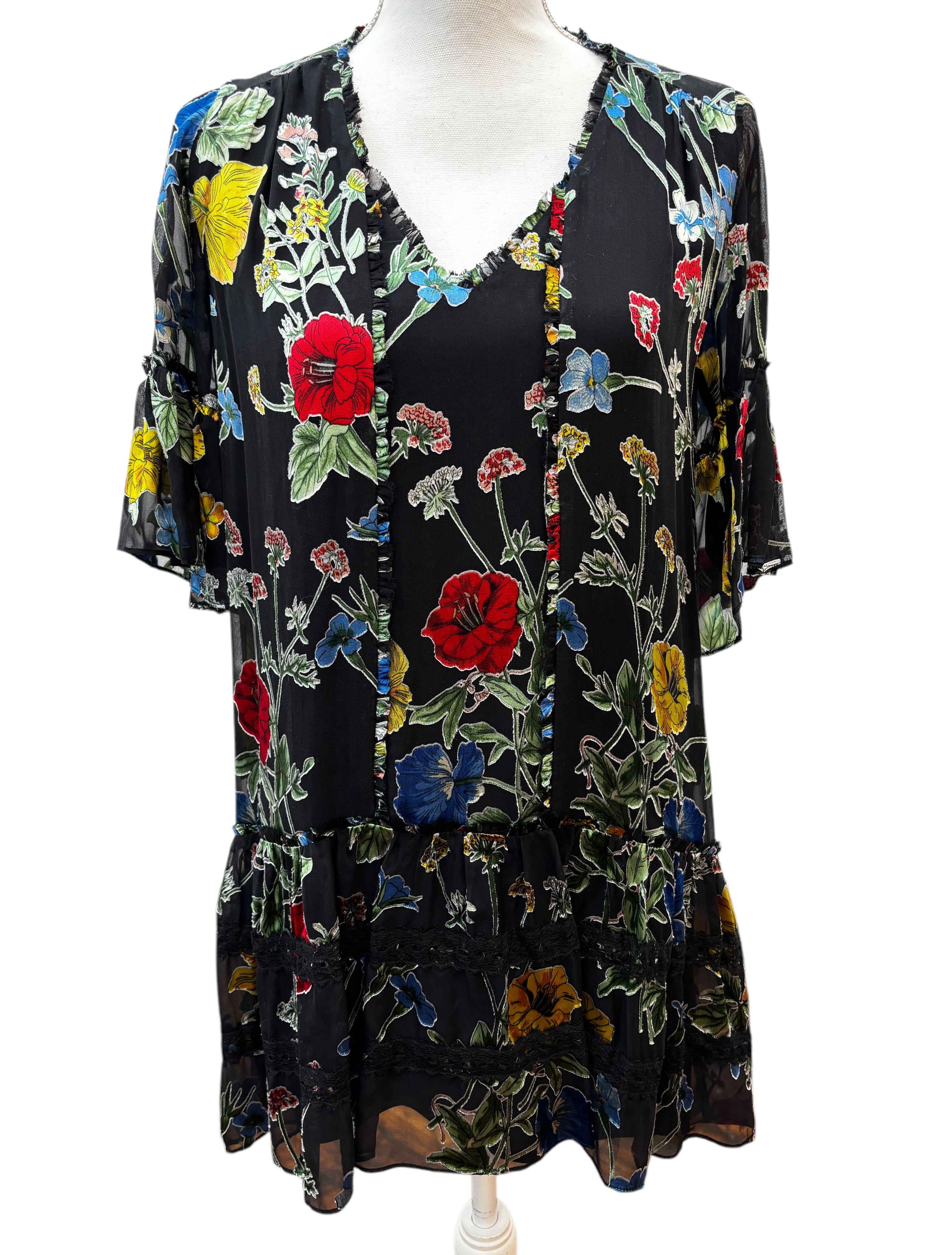 Alice + Olivia Black Floral Sheer/Slip V Neck Dress, XS Second Serve Resale Alice + Olivia Black Floral Sheer/Slip V Neck Dress, XS Second Serve Resale