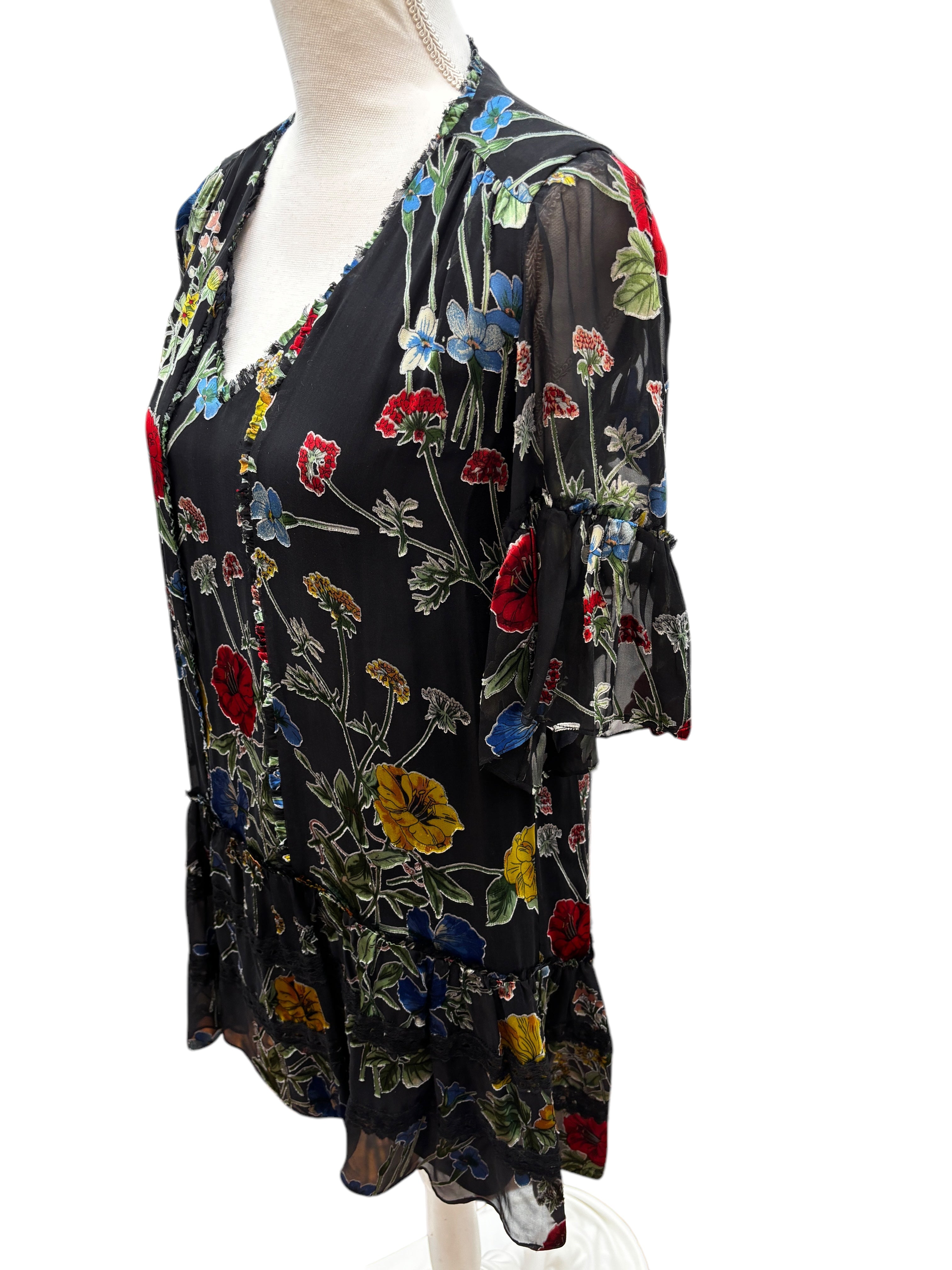Alice + Olivia Black Floral Sheer/Slip V Neck Dress, XS Alice + Olivia Black Floral Sheer/Slip V Neck Dress, XS