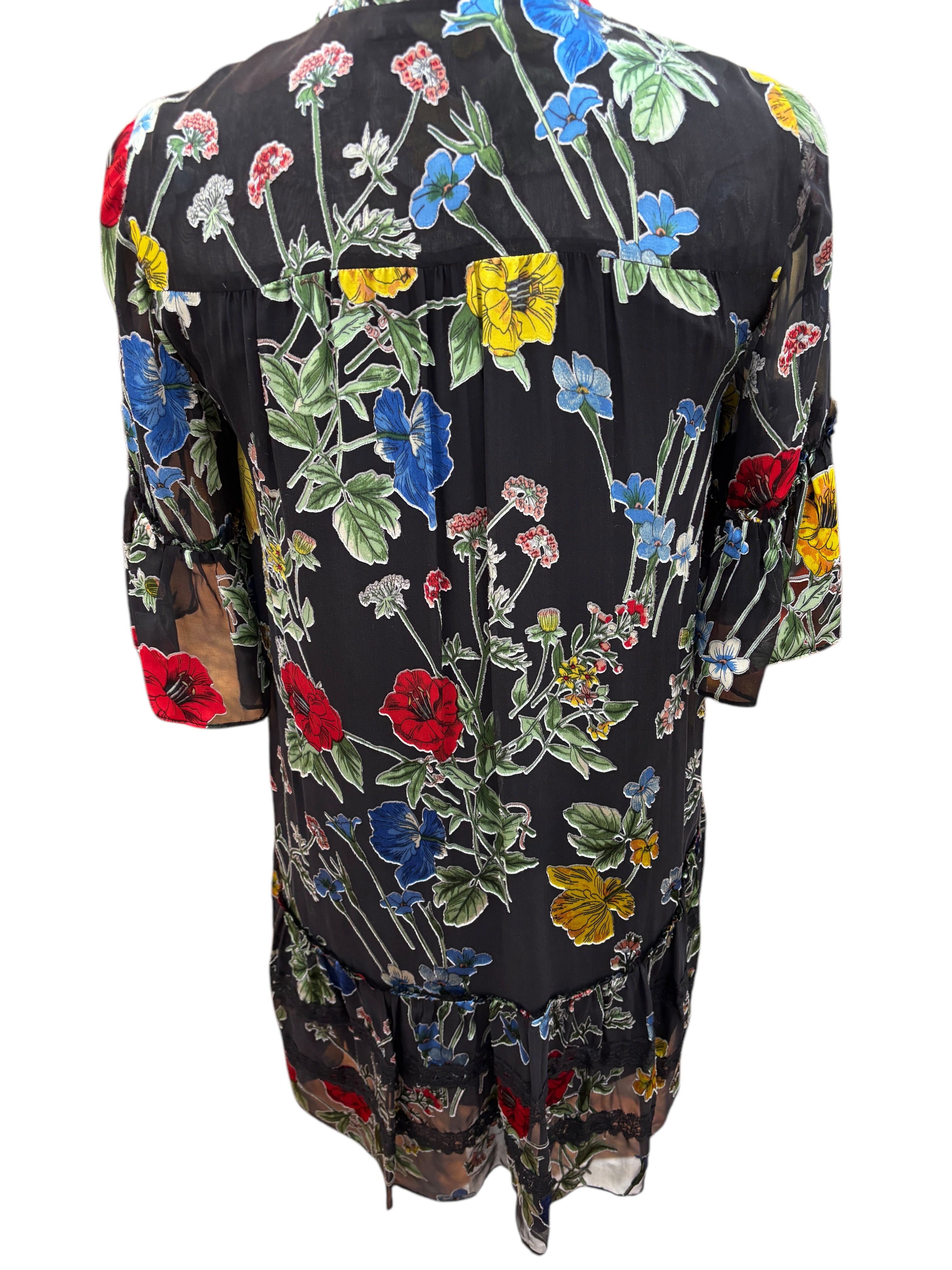 Alice + Olivia Black Floral Sheer/Slip V Neck Dress, XS Second Serve Resale Alice + Olivia Black Floral Sheer/Slip V Neck Dress, XS Second Serve Resale