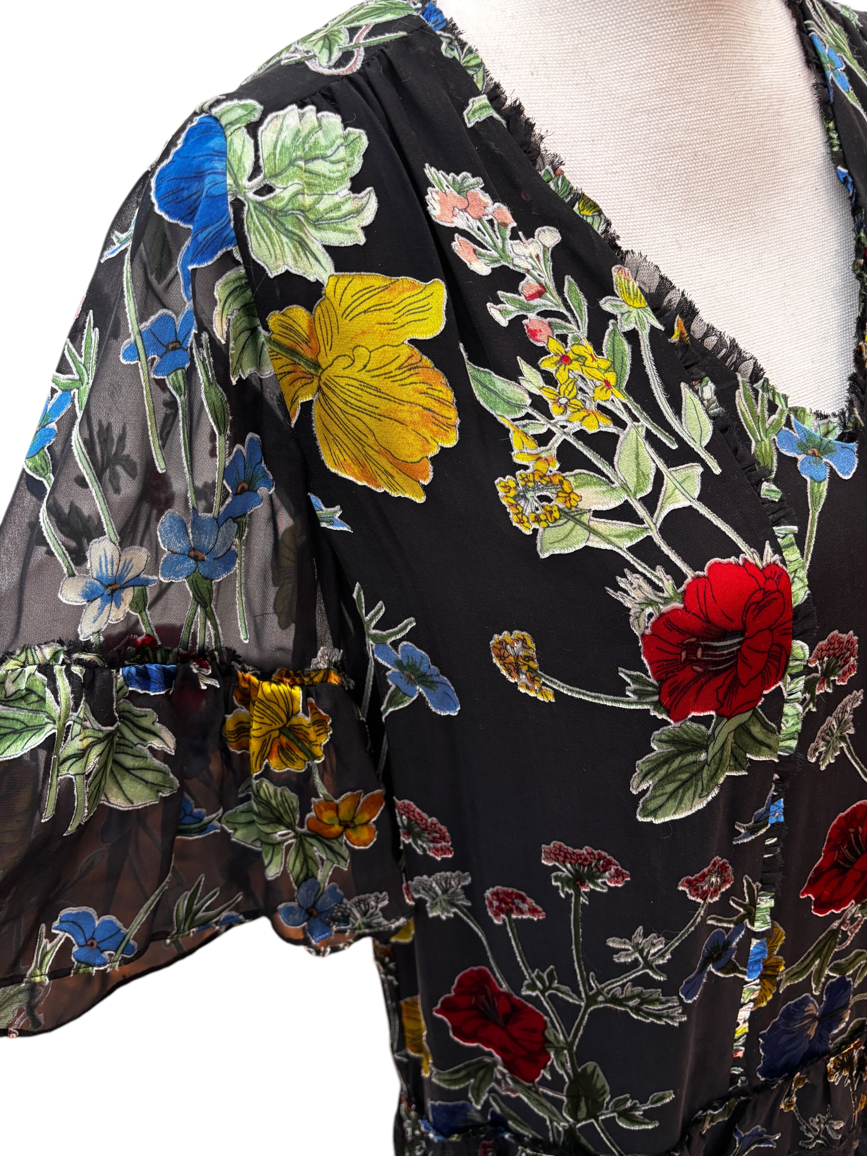 Alice + Olivia Black Floral Sheer/Slip V Neck Dress, XS Second Serve Resale Alice + Olivia Black Floral Sheer/Slip V Neck Dress, XS Second Serve Resale
