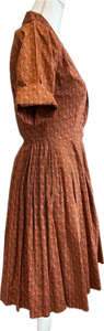 Vintage 1940s Orange and Brown Short Sleeve Dress, XS