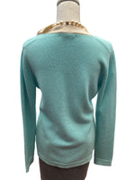 Load image into Gallery viewer, Kinross White with Blue Trim Cashmere Cardigan, L
