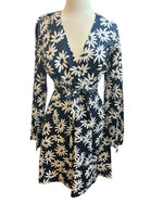 Load image into Gallery viewer, Handmade Navy and White Floral Wrap Dress with Bell Sleeves, S/M
