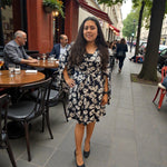 Load image into Gallery viewer, Handmade Navy and White Floral Wrap Dress with Bell Sleeves, S/M
