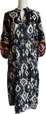 Load image into Gallery viewer, Vilagallo Navy Ikat Tammy Dress with Ric Rac Trim, S
