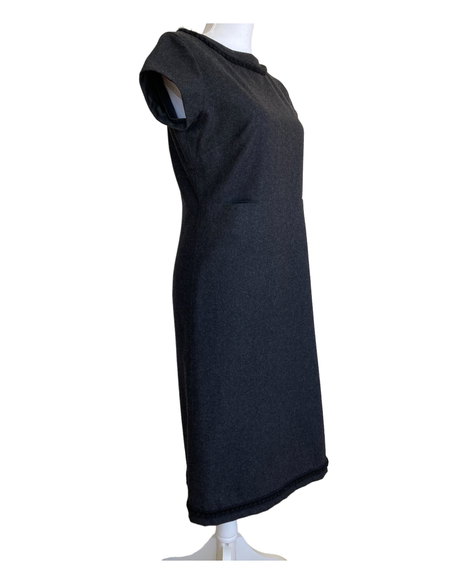 Evan Picone Charcoal Wool Cap Sleeve with Rope Trim Dress, 4