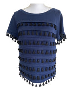 Load image into Gallery viewer, Milly Navy Short Sleeve Tassle Top, M
