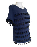 Load image into Gallery viewer, Milly Navy Short Sleeve Tassle Top, M
