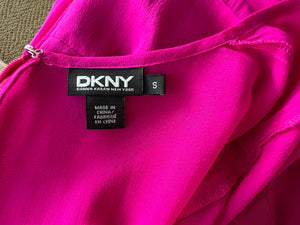 dkny hot pink dress NWT $295 DKNY Stretch Silk Hot Pink Sweetheart Illusion Meshtop Ruffled Dress P