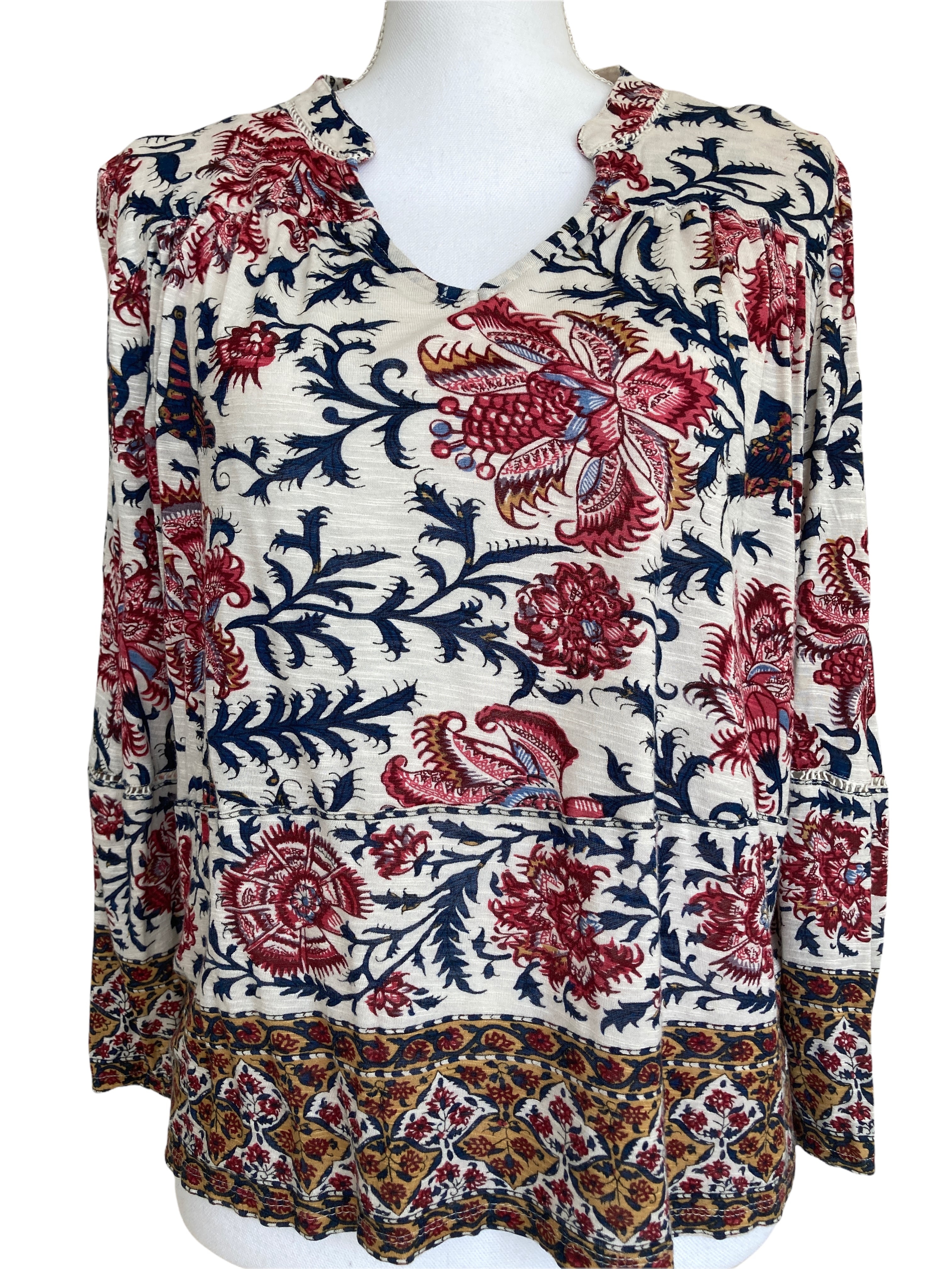 Lucky Brand Navy and Maroon Print Top, M