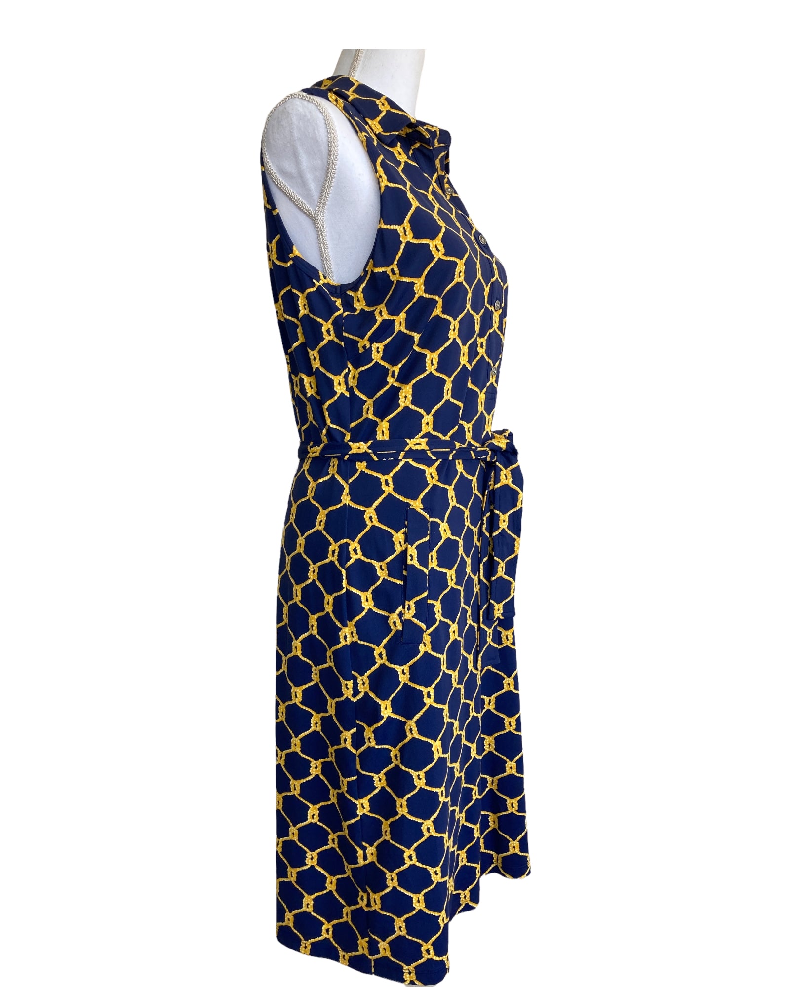 J. McLaughlin Navy Gold Rope Pattern Sleeveless Dress, L
