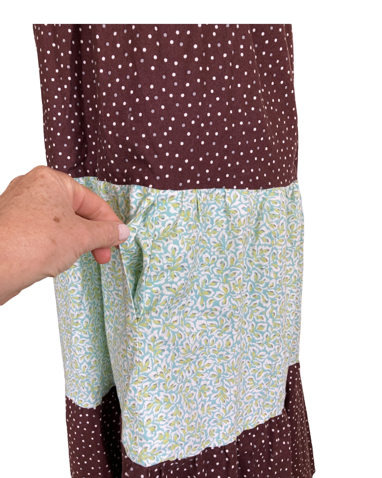 Handmade Vintage Green and Brown Calico Prairie Dress, M Second Serve Resale Handmade Vintage Green and Brown Calico Prairie Dress, M Second Serve Resale