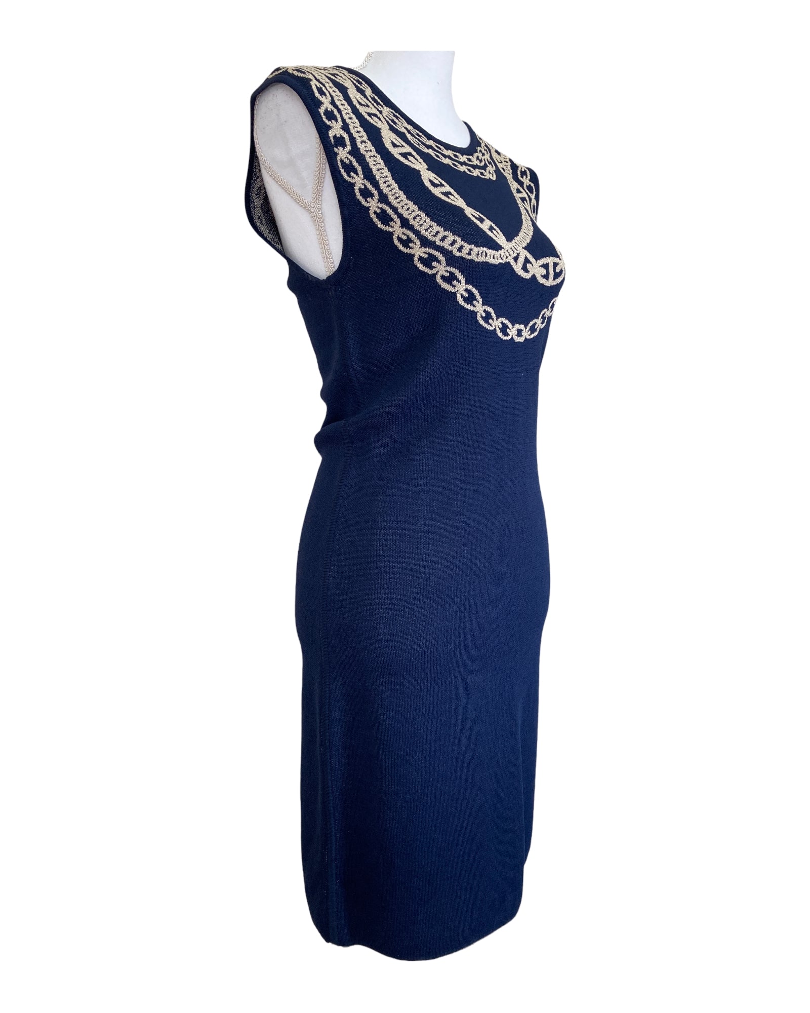 Adrienne Vittadini Navy and Gold "Necklace" Knit Dress, S Second Serve Resale Adrienne Vittadini Navy and Gold "Necklace" Knit Dress, S Second Serve Resale