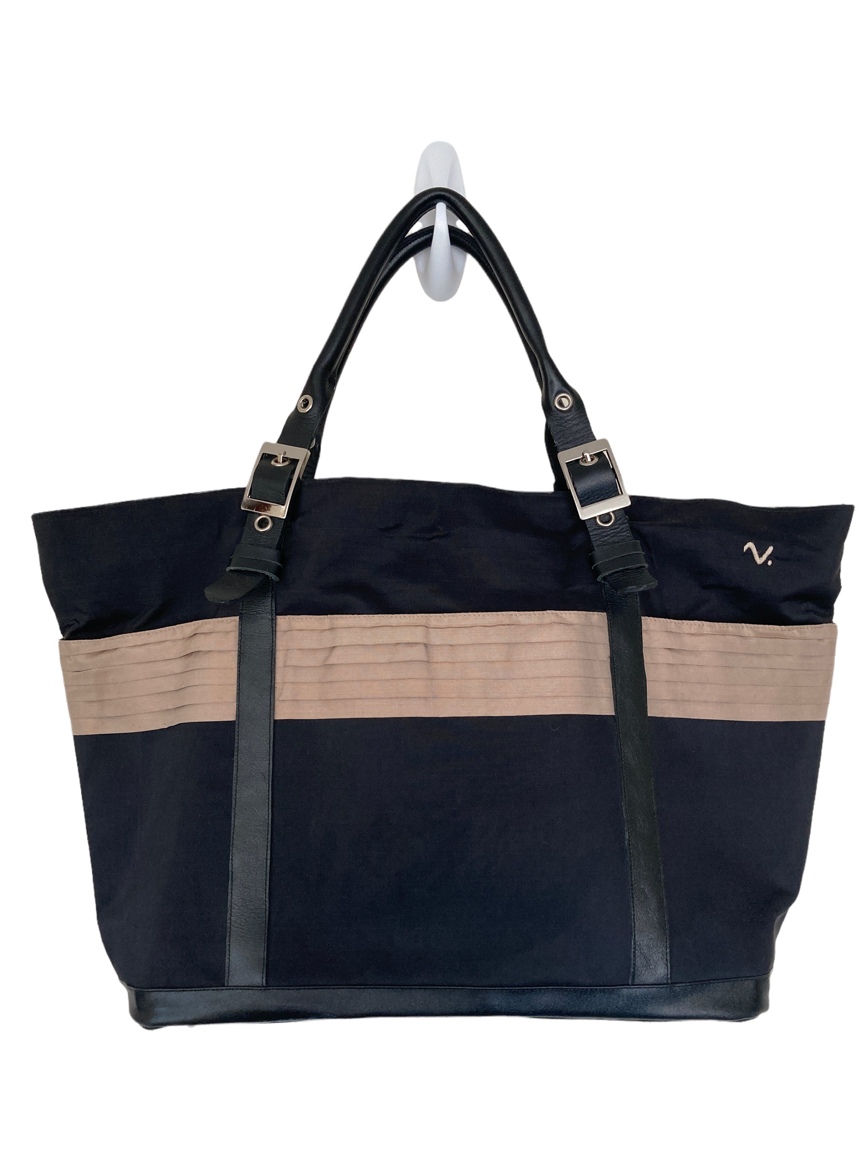 Clare V. Black/Taupe Silk and Leather Tote