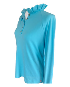 Lilly Pulitzer Hutton Luxletic Ruffle Long Sleeve Active  Blue Polo, S