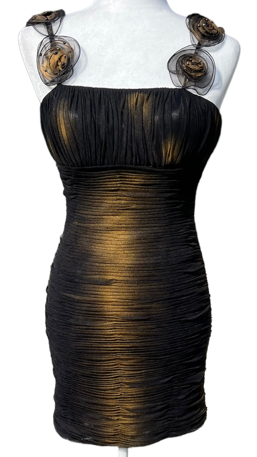 black cocktail dress with gold accents Strapless Drop Waist Belted Combo Cocktail Dress In Black Gold