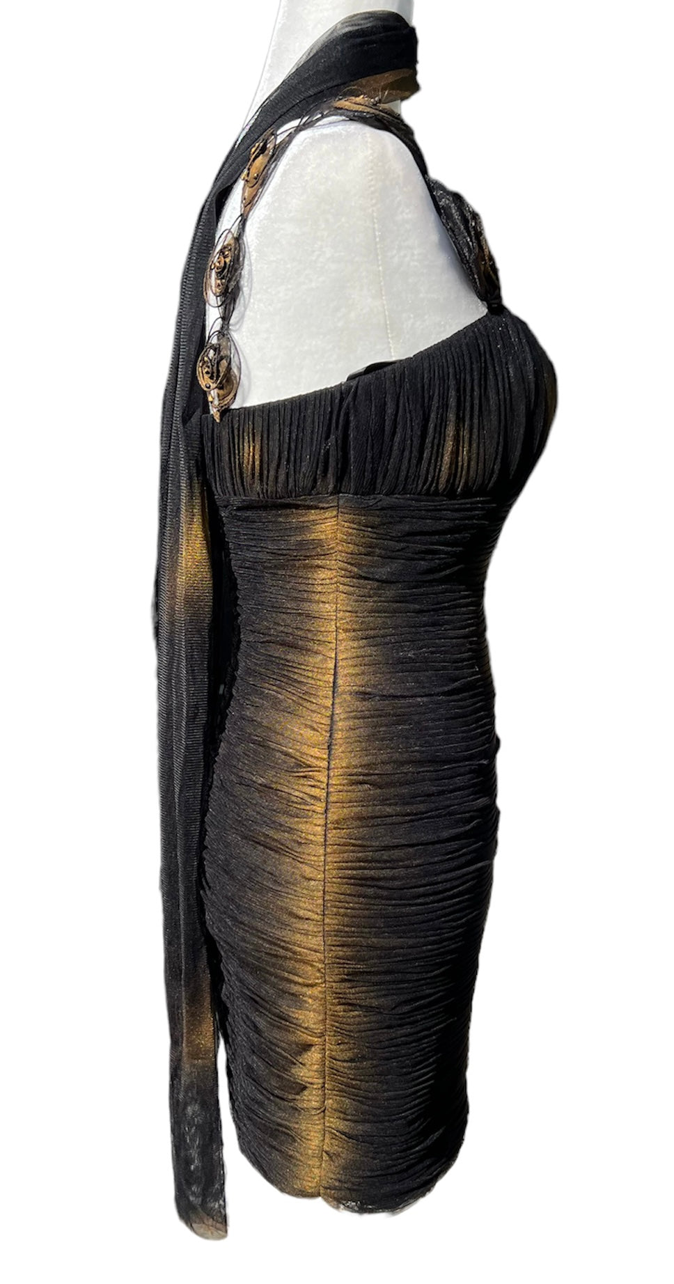 La Bottega Shirred Black Dress with Gold Accents, 4