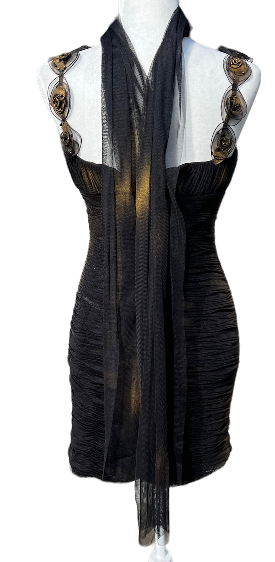 La Bottega Shirred Black Dress with Gold Accents, 4 Second Serve Resale La Bottega Shirred Black Dress with Gold Accents, 4 Second Serve Resale